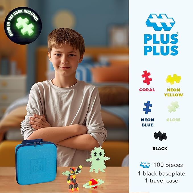 PLUS PLUS Building Set with Travel Case, 3D Open Ended Stem Toy for Kids, 100 Mini Interlocking Pieces, 1 Baseplate - Glow Mix
