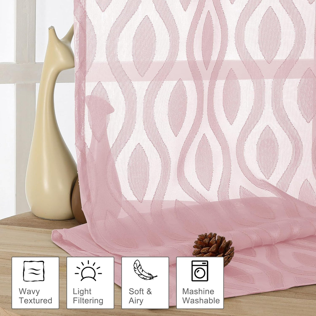 Aiyufeng Sheer Pink Curtain 45 Inch Length 2 Panels Set, Farmhouse Clip Jacquard Textured Short Window Curtains, Lightweight Chic Wavy Line See Through Curtains for Bedroom, 40" Wx45 L Inches