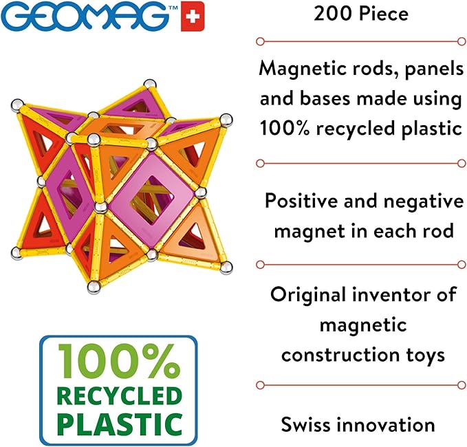 Geomag Classic Magnetic Toys for Kids Ages 5+, 200pc Educational STEM Magnets for Kids - Swiss-Made Magnetic Blocks, Tiles and Building Toys from 100% Recycled Plastic