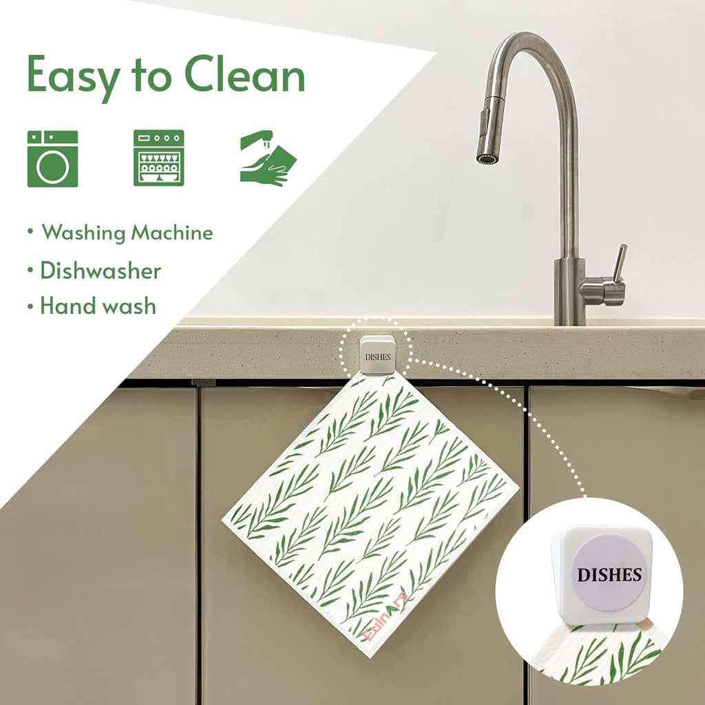 Swedish Dishcloths for Kitchen, 8 Pack Green Reusable Paper Towels with Clips, Non-Scratch Swedish Kitchen Towels, Super Absorbent Cellulose Sponge Cloths, Dishwasher Safe, No Odor