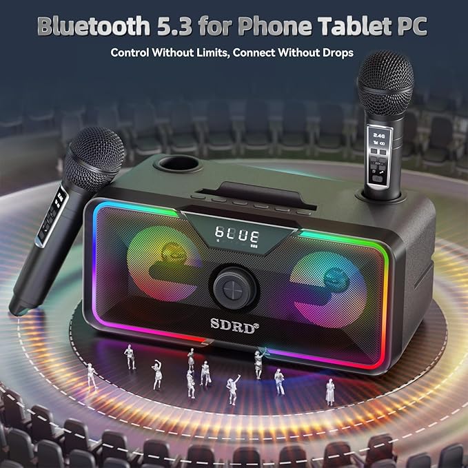 SD-215 Bluetooth Karaoke Machine for Adults & Kids- 2 Wireless Mics, 80W Powerful Sound, Rechargeable,15-Hour Playing, 6500mAh, LED Lights, Supports BT/USB/AUX for Home Parties Outdoor Gatherings