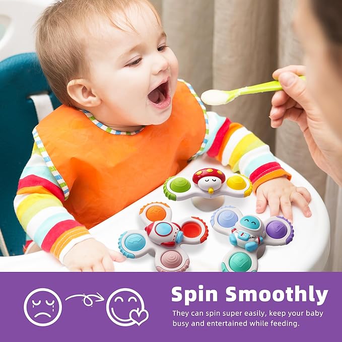 LiKee Strong Suction Cup Fidget Rotating Sensory Bath Toys for Baby 12 18 Months Airplane Car Travel Table & Window Toys for 1 2 Years Old Toddler Boys and Girls (Space-1)