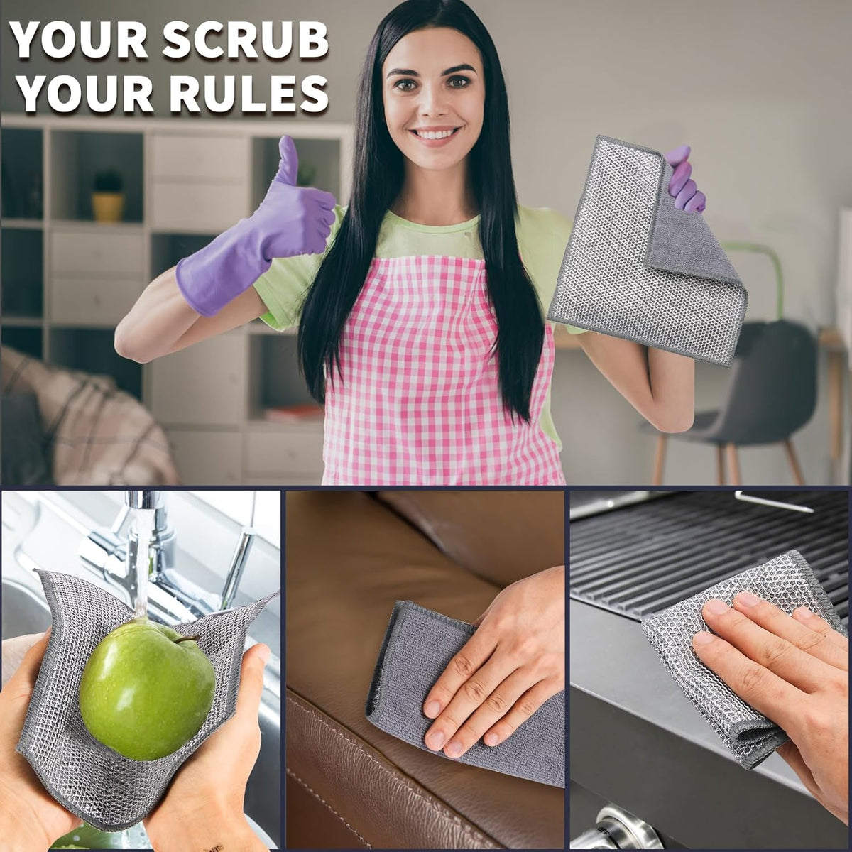 2 in 1 Stainless Steel Scrubber & Microfiber Cleaning Cloth, 10 Pack Towel & Steel Scrub Cloth for Pans, Dishes, Countertops, Reusable Non-Scratch Cleaning Pad for Kitchen Sink
