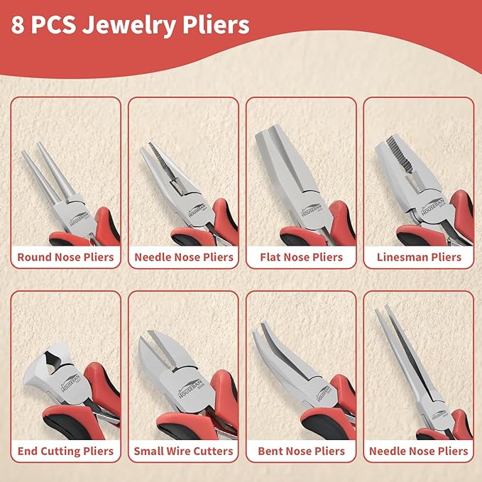8 Packs Jewelry Pliers Set, Jewelry Making Tools with Needle Nose Pliers, Wire Cutters, Round Nose Pliers, Bent Nose Pliers