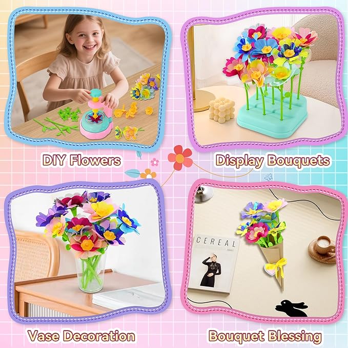 Flower Bouquet Craft Kit, DIY Arts and Crafts for Kids 4-6-8, Girls Toys 4-6-8 Flower Making Activity Toy Set for Toddler and Kids, Birthday Gifts for 4 5 6 7 8 Year Old Girls (Pink & Blue)