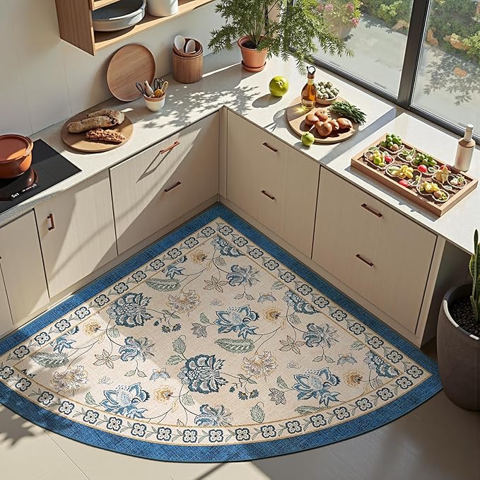 jinchan Floral Corner Rug for Entryway Washable Kitchen Rug Vintage Romance Design Non Slip Quarter Circle Lightweight Low-Pile Throw Carpet for Playroom Reading Nook Nursery, 4ft Radius, Blue/Beige