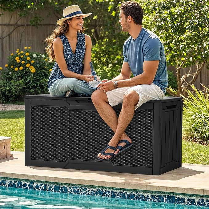YITAHOME 80 Gallon Outdoor Storage Box, Large Water Resistant Resin Deck Box, Indoor Outdoor Lockable Rattan Storage Container for Patio, Garden, Cushions, Tools, Equipment (Black)