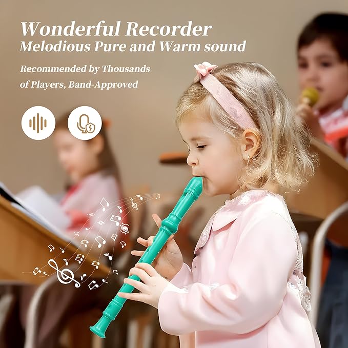 Soprano Recorder for Kids Beginners, German Fingering, C Key, 3 Piece with Cleaning Rod, Bag, Fingering Chart (Green)…
