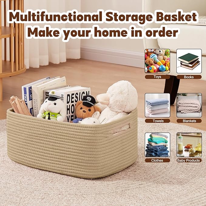 OIAHOMY Storage Basket for Shelves, Closet Cube Storage Bins Baskets for Clothes Blanket Towels, Baby Nursery, Toy Baskets Box, Woven Rope Basket, 17.72*12.99*7.87 IN, 2 Packs Jute Yellow