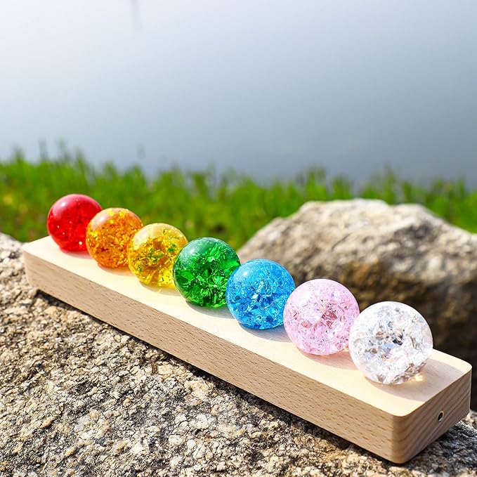 7 Colors 40mm Ice Cracked Balls Crystal Chakra Balls with LED Wooden Base Glass Healing Sphere Balls with Stand Night Light Decoration Quartz for Home Living Room