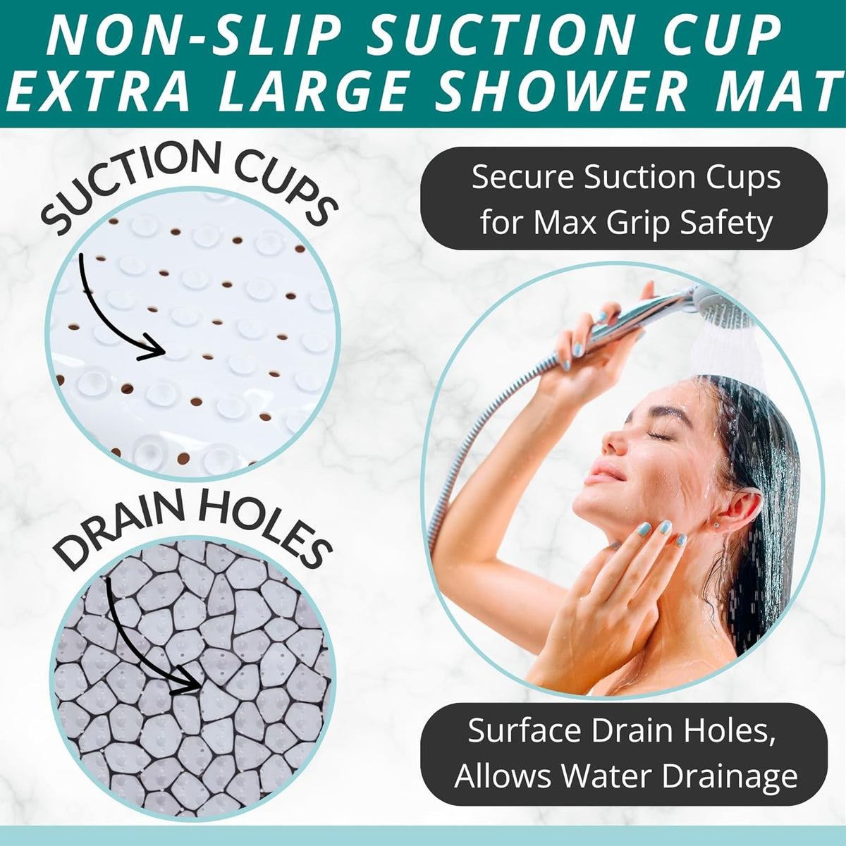 ENKOSI Extra Large Square Non Slip Shower Mat - 31 x 31-inch XL Bathroom Shower Mat - Square Shower Matts for Shower Stall Floors | Secure Suction Cups and Drain Holes (31x31 Pebble)