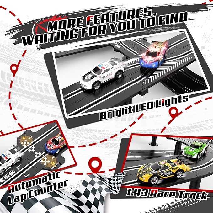 2 in 1 Slot Car Race Track Sets with 4 Slot Cars, 1:43 Electric Car Track for Boys, Dual Racing Game Lap Counter Circular Slope Track Sets, Birthday Gifts Toys for Boys Kids Ages 6 7 8 9 10 11 12