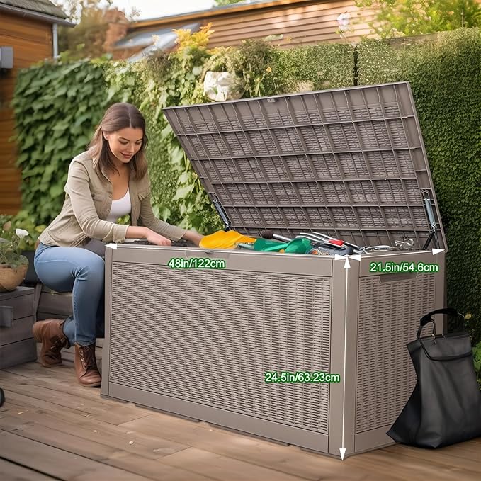100 Gallon Resin Deck Box, Lockable Patio Outdoor Storage Box for Furniture, Garden Tools and Tools Storage, Waterproof Outside Storage Box - Grey