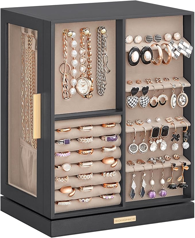 SONGMICS Jewelry Box 360° Rotating, Jewelry Storage Case with 5 Drawers, Jewelry Organizer, Glass Window, Spacious, Vertical Jewelry Storage, Open Design, Great Gift, Slate Gray UJBC170G01