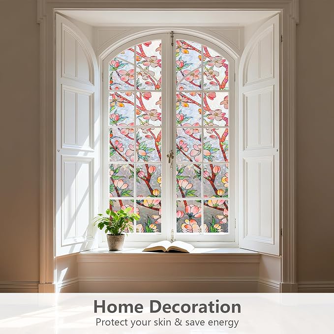 NINETREX Window Privacy Film,3D Stained Glass Window Film,Rainbow Static Cling Stickers Blocks Heat & UV,Non-Adhesive Vinyl for Home Door (Peach Blossom,17.5 x 78.7inch)