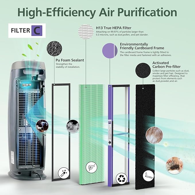 isinlive 2 Pack FLT5000 HEPA Filter C Replacement with Pet Pure Treatment, and 8 Pack Activated Carbon Pre-Filters for Ger Guardian Air Purifier FLT5111 AC5000 AC5000E AC5250PT AC5350B AC5350BCA