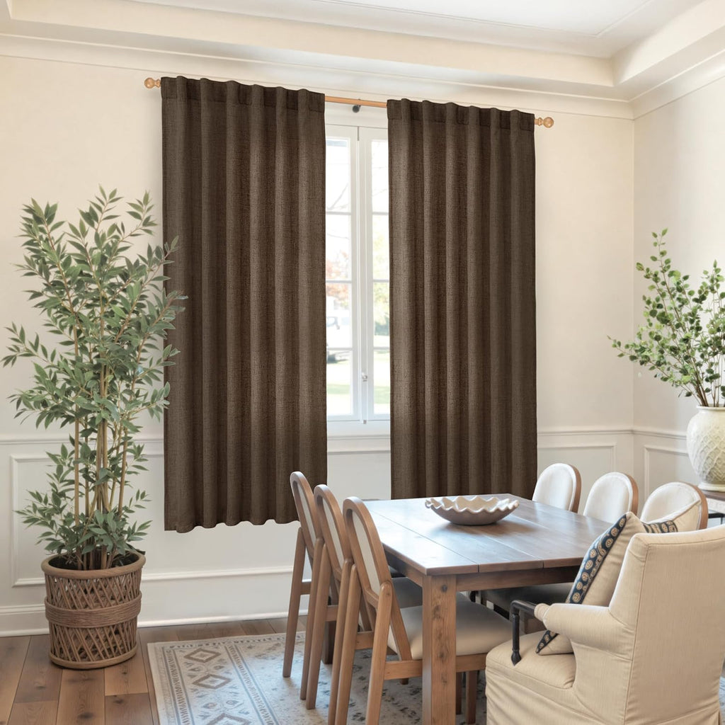 YoungsTex Brown Linen Curtains for Living Room 63 Inches Long, Chocolate Semi Sheer Drapes Textured Light Filtering Window Treatments with Rod Pocket Back Tab for Bedroom, 2 Panels, 52 X 63 Inch