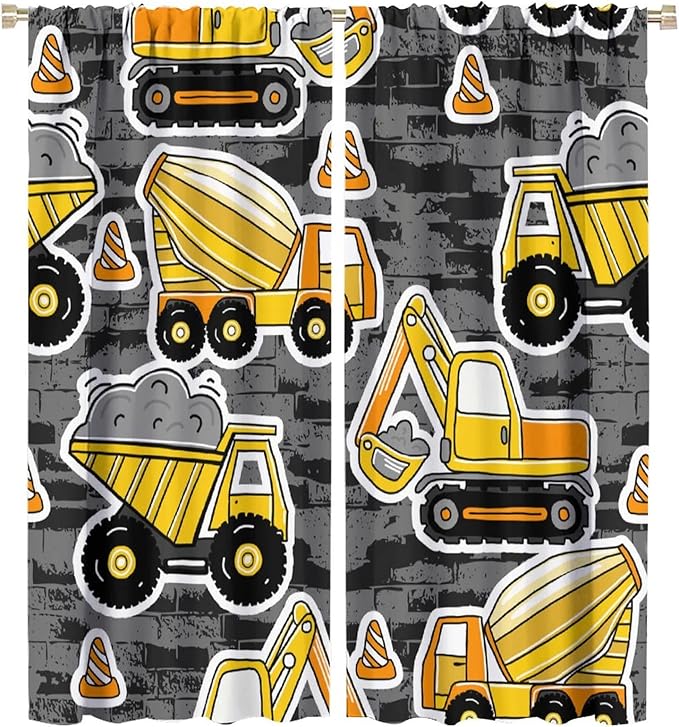 Kids Construction Excavator Window Curtains, Yellow Excavator Transporter Truck Cartoon Vehicles Rod Pocket Decorative Window Curtain for Children Teens Room 42x45in (30% Blackout)