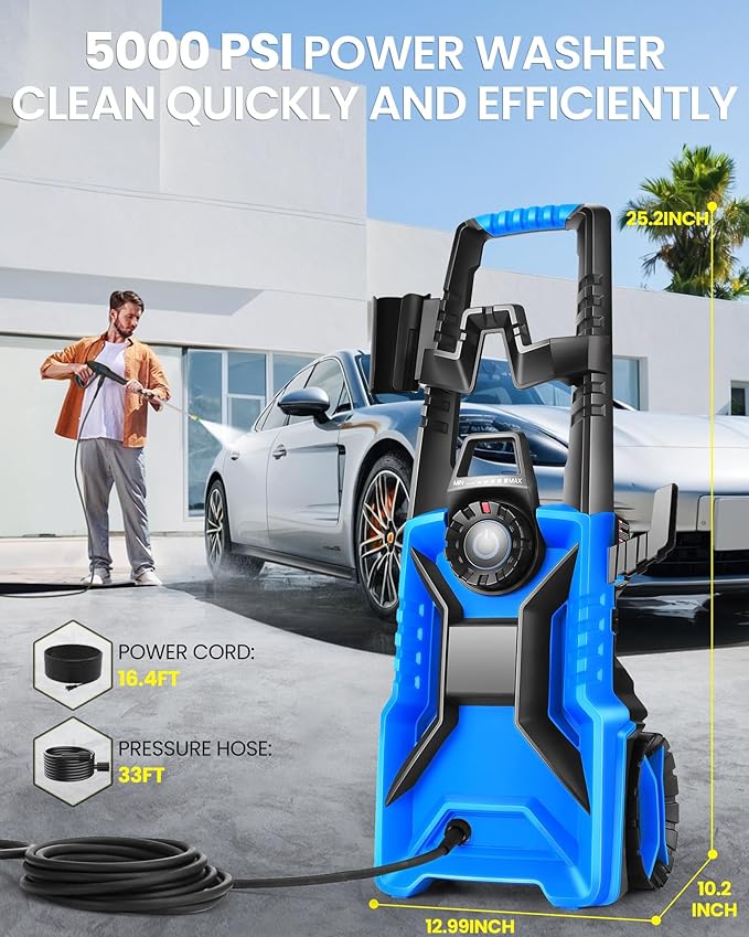 Pressure Cleaner High Power Cleaner with 33ft Pressure Hose, 4 Nozzles and 500ml Foam Cannon for Cars/Fences/Driveways/Patios/Home Cleaning (Light Blue)