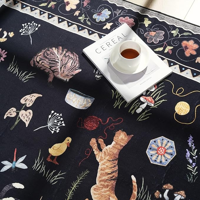 Rugcomf Round Rug 6ft Washable Circle Rug Non Slip Low Pile Boho Floral Animal Cat Small Circular Rug for Bedroom Bathroom Entryway Kids Room Office College Dorm, Black
