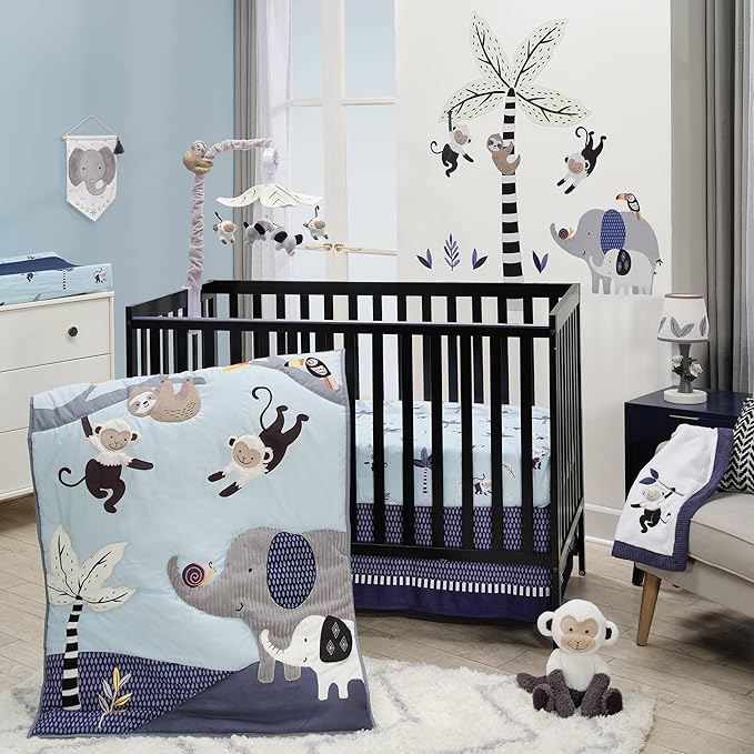 Lambs & Ivy Jungle Party 3-Piece Elephant/Monkey Baby Crib Bedding Set