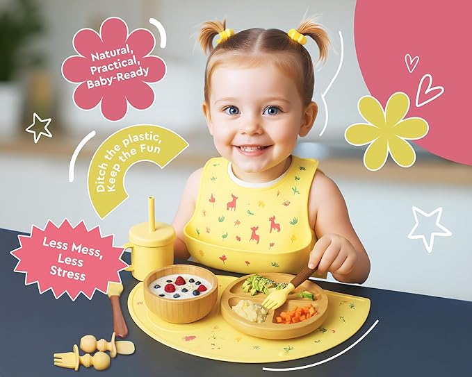 Bamboo Baby Feeding Set for Infants & Toddlers - Baby Essentials, Non-Toxic, Sustainable, Bamboo Suction Plate & Bowl, Bib, Sippy Cup w/Lid & Straw, Daily Use, Travel, Baby Shower Gifts (Yellow)