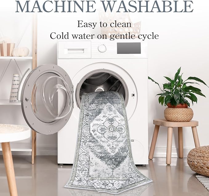 Lahome Boho Hallway Runner Rug 2x6, Washable Untra-Thin Non-Slip Kitchen Runner, Oriental Distressed Print Rug for Entryway Bathroom Laundry Room Bedroom, Grey