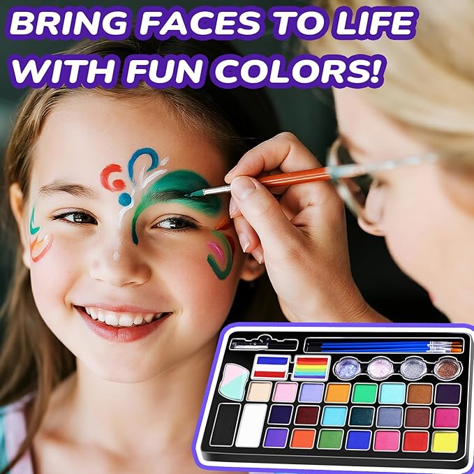 Face Painting Kit for Kids with 24Colors, Rainbow Cakes, Stencils, Gem Stickers, Glitter, Brushes, Temporary Tattoos – Non-Toxic Washable Face Paint for Halloween, Birthday Party, School Events