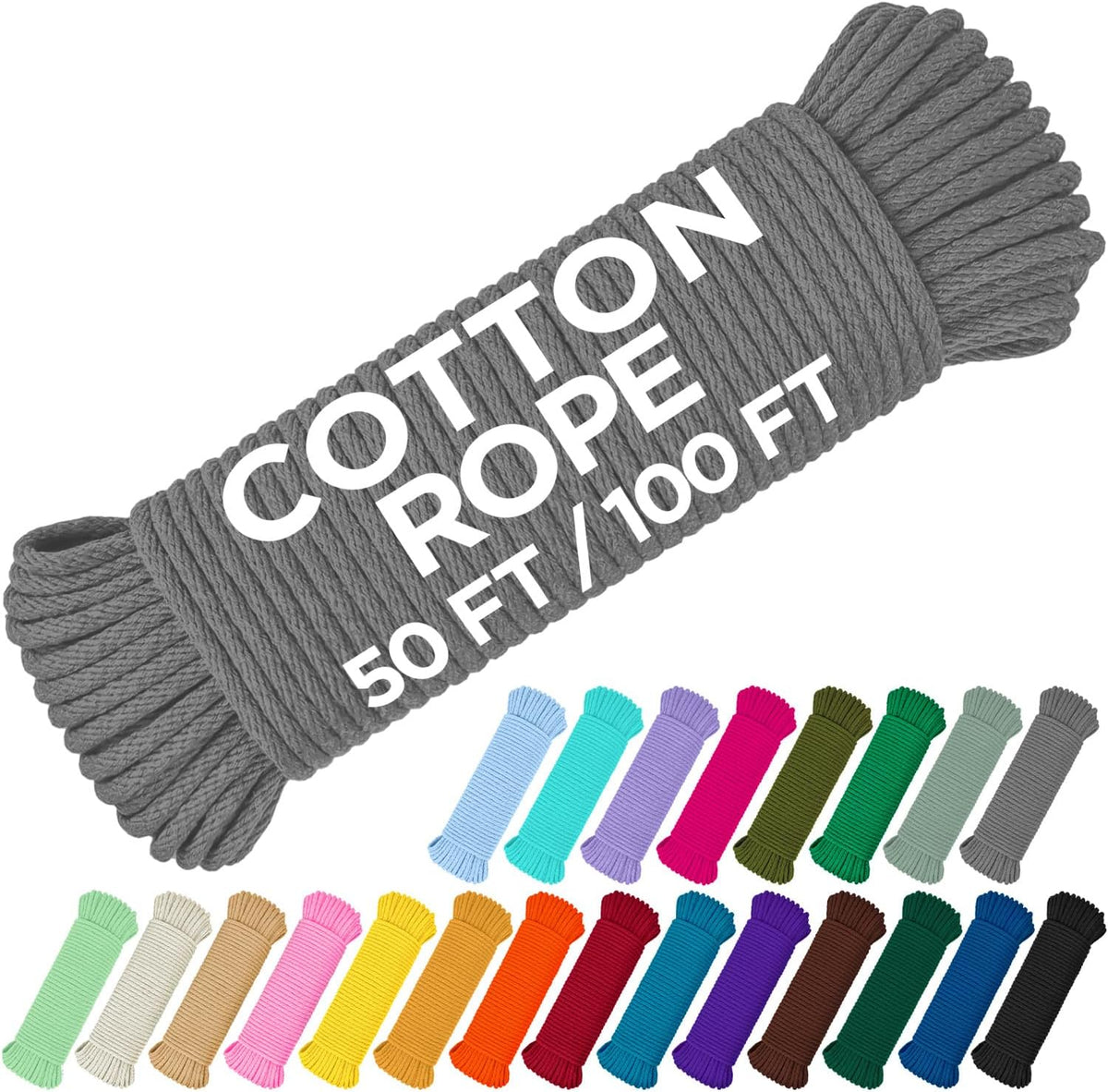TECEUM Cotton Rope 3/16” (5 mm) – 50 FT – Strong All-Purpose Braided Rope – Natural Cotton – for Crafting, Сamping, Clothes Line, DIY, Indoor & Outdoor Use – Gray