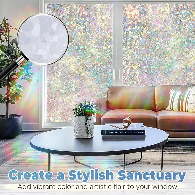 DOWELL Window Privacy Film Rainbow Film, Stained Glass Decorative Sticker, Static Cling Non-Adhesive Glass Clings, Sun Blocking Heat Control Window Coverings for Home Door, 23.6" x 157.4"