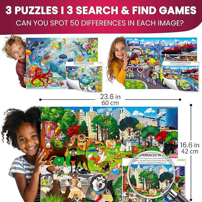 QUOKKA Floor Puzzles for Kids Ages 8-10 – 3X150 Piece Puzzles for Kids Ages 4-6 – Search & Find Ocean Animal Kid Activities Included for 5-8 Year Old – Toddler Learning Toy Game Gift for Boys & Girls