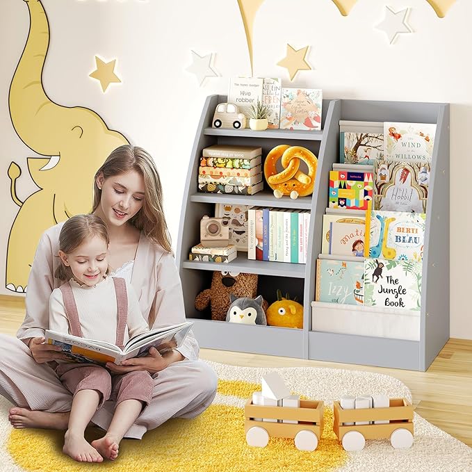 4 Tier Kids Bookshelf,4 Layer Sling Kids Book Shelf for Kids Rooms,Wood Children Bookcase,Baby Storage Book Rack,Toddler Bookshelf, Book and Toy Organizer,Book Display Shelf for Bedroom, Nursery