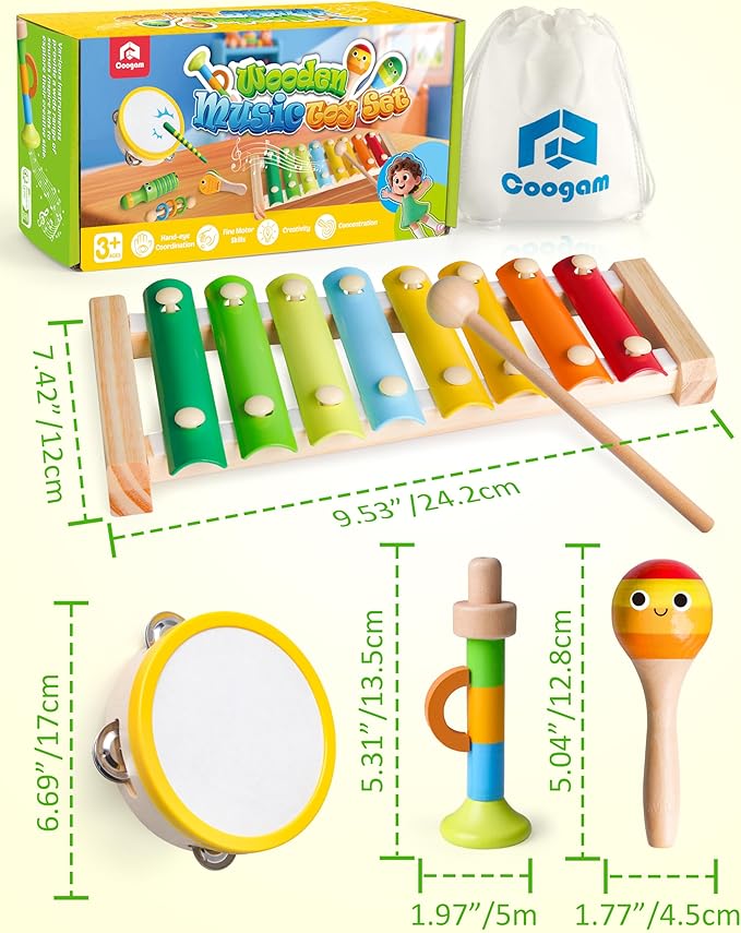 Coogam Wooden Musical Instruments for Toddlers, Tambourine Xylophone Castanet Flute Maracas Playset, Wood Percussion Rhythm Music Toy, Montessori Educational Learning Gift