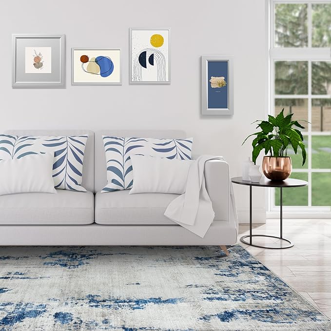 5x7 Area Rugs for Living Room Rug Washable: Modern Rug for Dining Room Bedroom Carpet Non Slip Low Pile 5 by 7 Indoor Abstract Nursery Home Office Blue White
