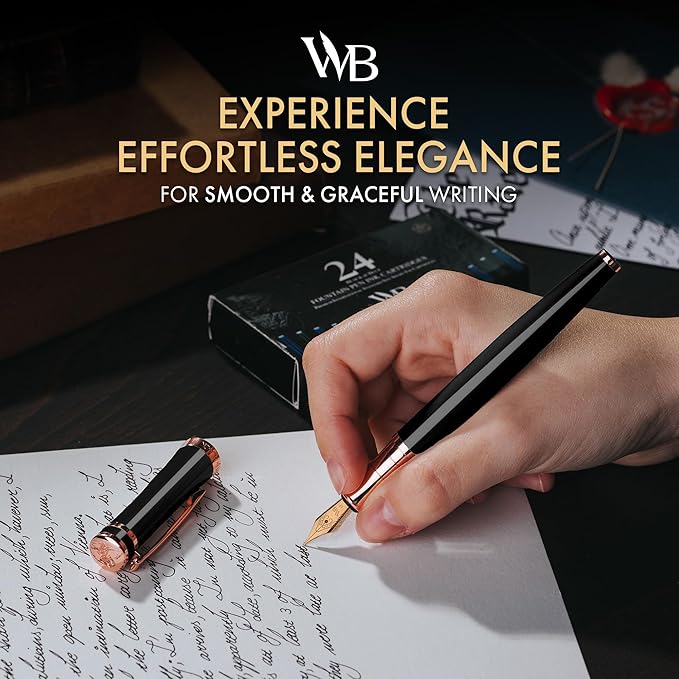 Wordsworth & Black Fountain Pen Set, 18K Gilded Medium Nib, Includes 24 Pack Ink Cartridges, Ink Refill Converter & Gift Box, Gold Finish, Calligraphy, [Black Rose Gold], Perfect for Men & Women