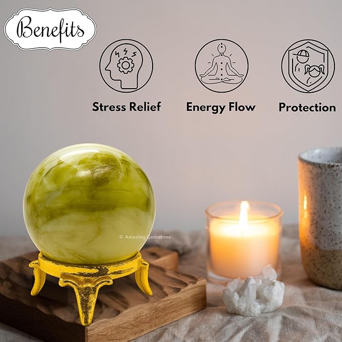 Amazing Gemstone Serpentine Crystal Ball with Stand - 2 Inches Crystal Sphere Meditation Balls for Witchcraft and Decorative Balls