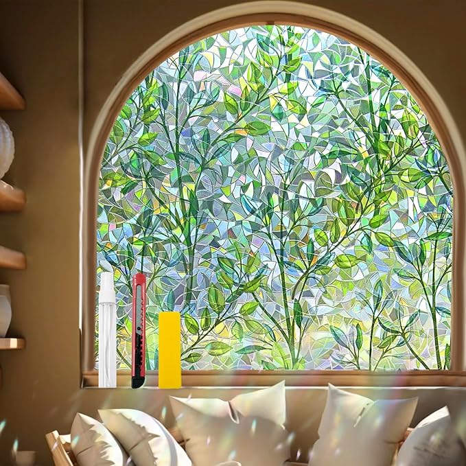Window Privacy Film Stain Glass Window Film Rainbow Window Film Window clings Non-Adhesive Reusable Decorative for Room (Leaf Rainbow, 45.2 x 78.7 in)