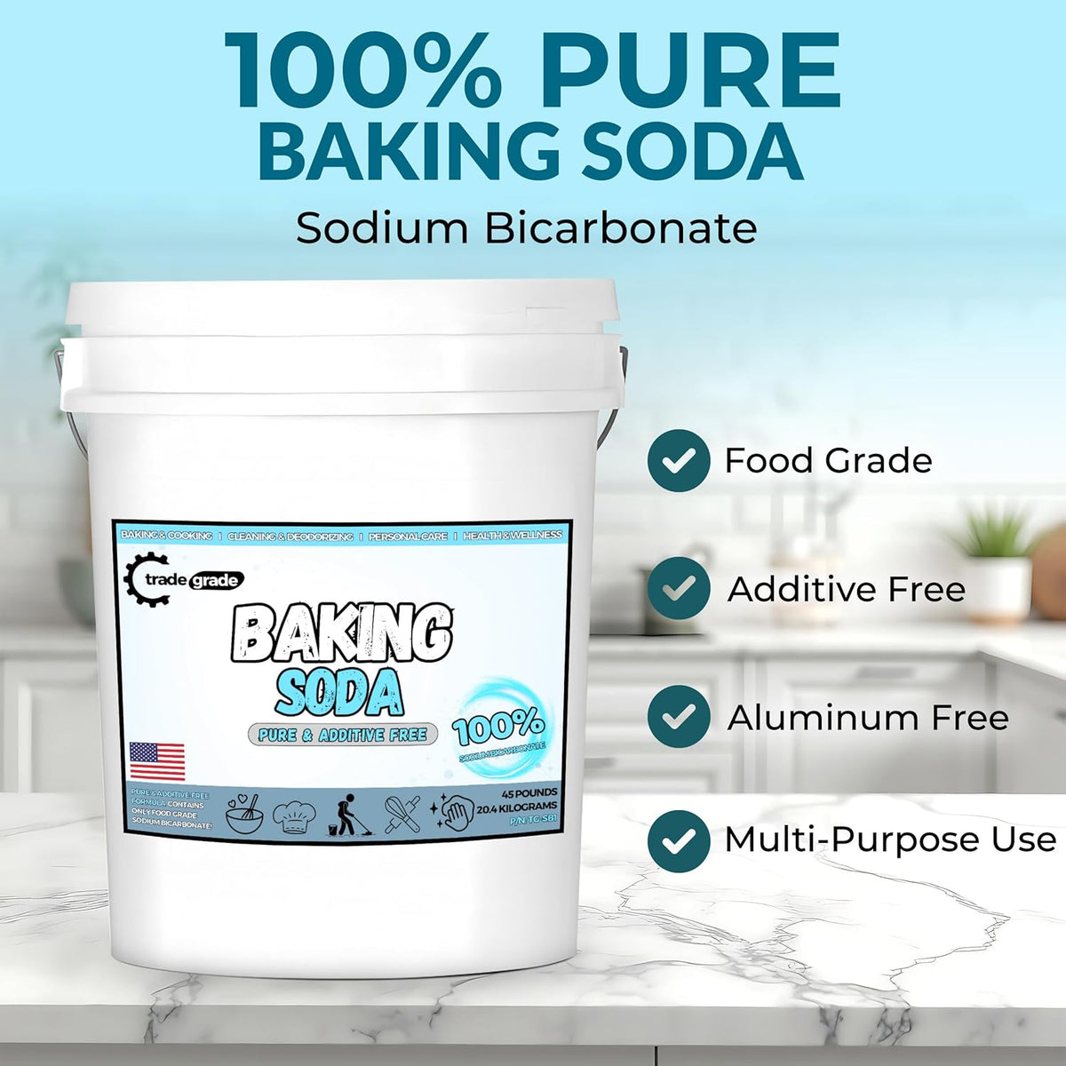 TradeGrade Pure Baking Soda Powder – 45 lb Bucket, Sodium Bicarbonate Powder | Premium Food-Grade for Baking, Bread, Cookies & More | Baking Soda for Cleaning, Natural Cleaner & Deodorizer