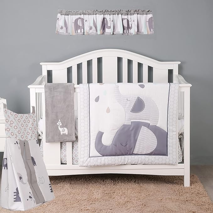 6 PCs Grey White Elephant Nursery Crib Bedding Set Quilt, Fitted Sheet, Skirt, Window Valance, Blanket, Diaper Organizer Baby Boy Elephant Theme Cot Bedding Set
