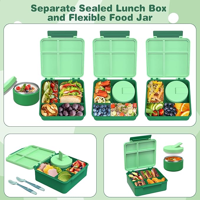 Bento Lunch Box with 8oz Soup Thermo, Kids Leakproof Lunch Food Containers with 4 Compartment, Kids Thermo Insulated Hot Food Jar for School, Trvael-Green