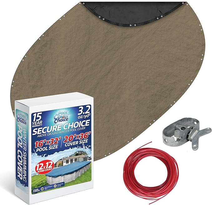 Winter Swimming Pool Cover for 16 ft x 32 ft Aboveground Oval Pool Size, Secure Choice Series, Solid Material, Color - Sandstone Tan, Pool Cover Choice 571632-4CHOICE