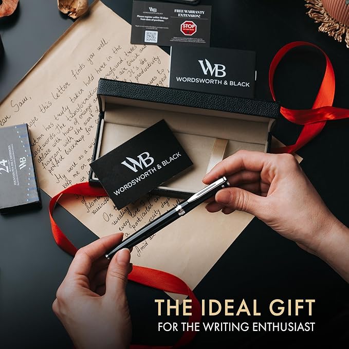 Wordsworth & Black Fountain Pen Set, Bent Nib, Includes 24 Pack Ink Cartridges, Ink Refill Converter & Gift Box, Chrome Finish, Calligraphy, [Black Chrome], Perfect for Men & Women