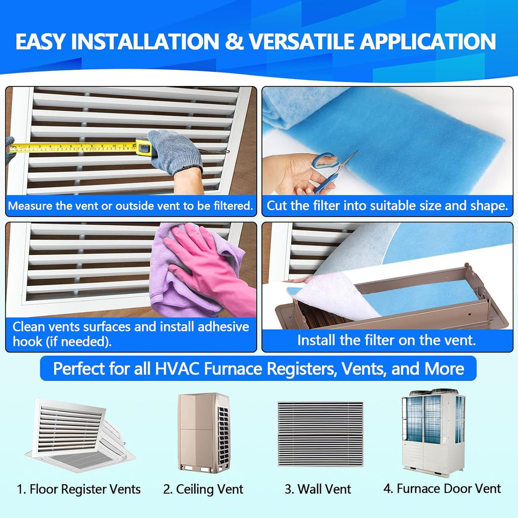 18" x120" Air Vent Filters, Cut to Fit Air Filter (70+ Filters), MERV 8 Triple Vent Filter for Home Floor, Ceiling, RV, HVAC Furnace Vents, With Adhesive Hook Tape and Installation Tape