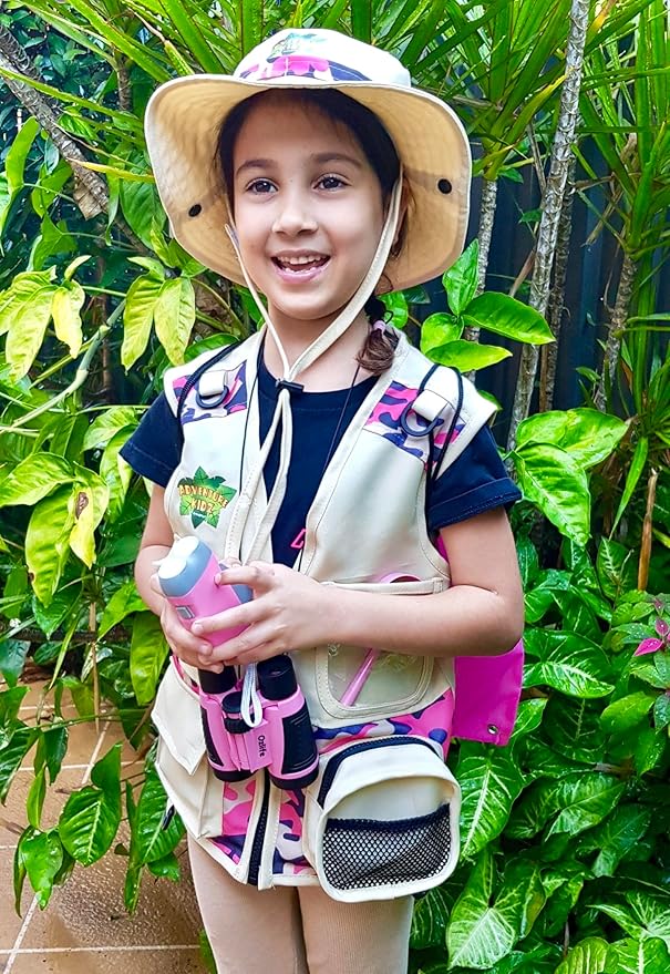 Bug Hunting Kit, Pink Safari Vest, Hat, Binoculars, Lg. Butterfly Net, Bug Container, Whistle, Flashlight, Magnifier, Thermostat, Compass, Age 3+
