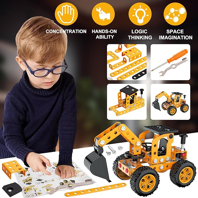 Sets Metal Assembly Toys Model Excavator Kits STEM Projects Model Car Kits to Build Jixin Xyzhi Birthday Gifts for Kids 8-16 Yellow