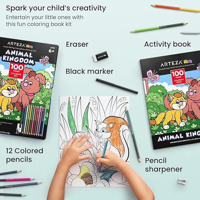 ARTEZA Kids Coloring Book and Colored Pencils Kit, Animal Kingdom Illustrations, 50 Double-Sided Sheets, 100lb Paper