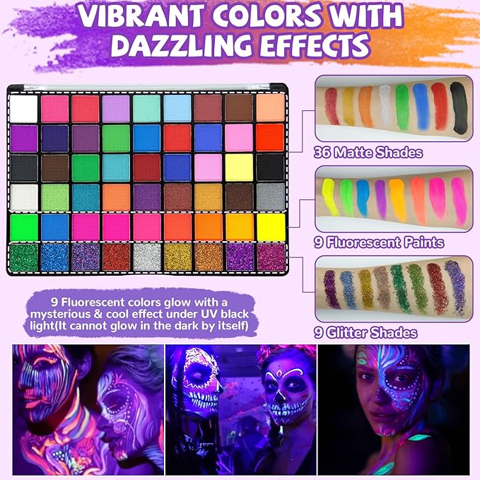 Professional Face Painting Kit for Kids – 54 Color Water Activated Facepaint Makeup Kit, Non-Toxic face Paint with Stencils, Gems, Brushes– for Halloween, Parties, Carnival, School Event & Festivals
