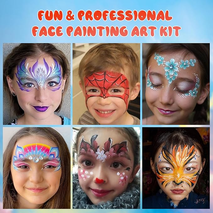 42 Color Face Paint Kit for Kids – Non-toxic Water-Based Makeup Palette with Stencils, Brushes & Gems – Face Painting Kit for Kids Ideal for Halloween, Parties, Festivals, Body Art & More