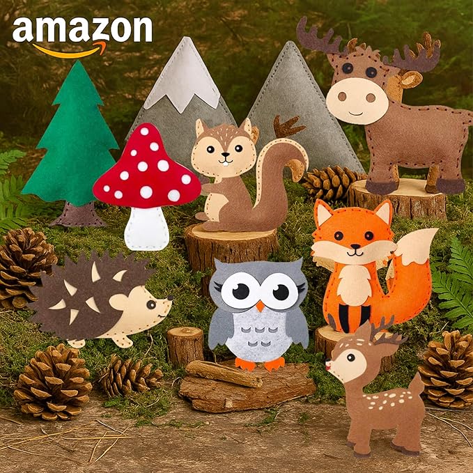 FYXGZZH Kids Beginner Sewing Kit – DIY Stuffed Craft Set with Pre-Cut Felt, Plastic Needle & Embroidery Thread, Educational Arts & Crafts for Boys & Girls Ages 6-12, Woodland Sewing Kit