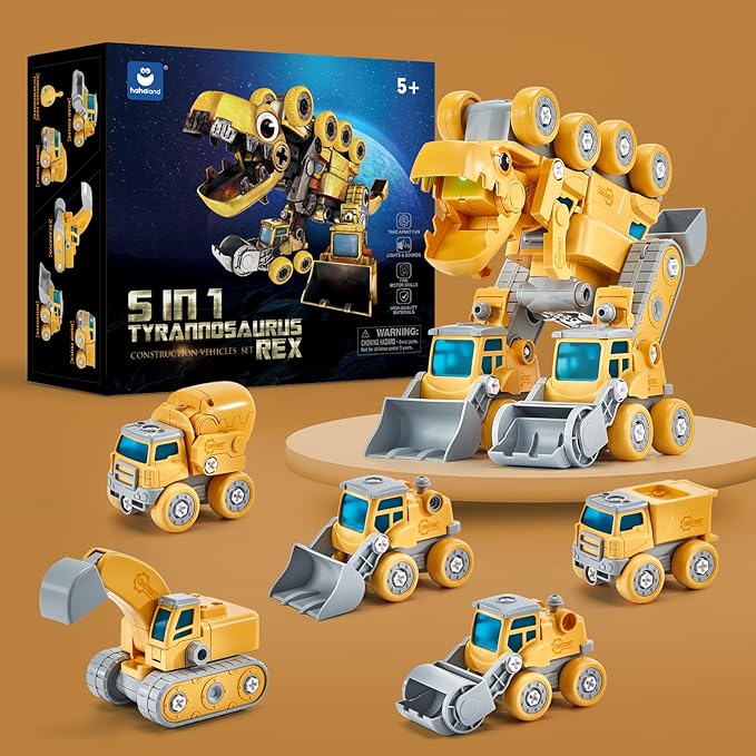 hahaland Toys for 5+ Year Old Boys - Take Apart Dinosaur Kids Toys Construction Vehicles 5 in 1 Transform into Dinosaur Robot STEM Building Toy for 5 6 7 8 Year Old Boys